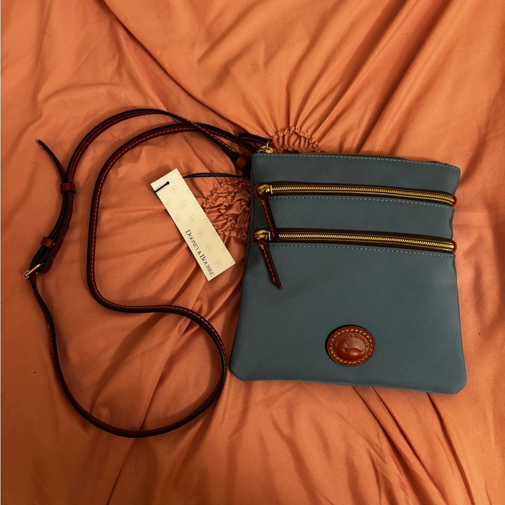 Dooney & Bourke Sky Blue Crossbody Bag with Brown Accents